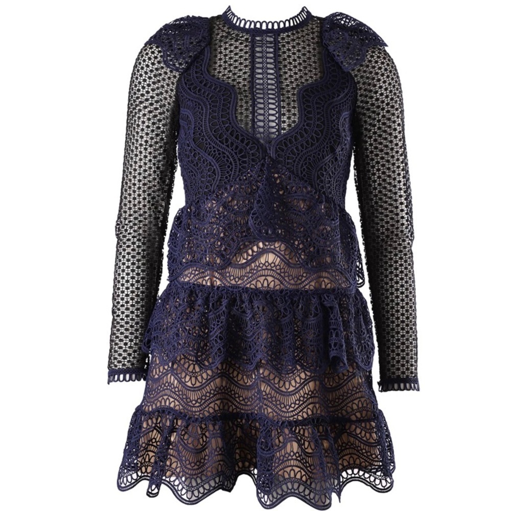 Self-Portrait Wave Guipure Ruffled Mini  Cocktail Dress